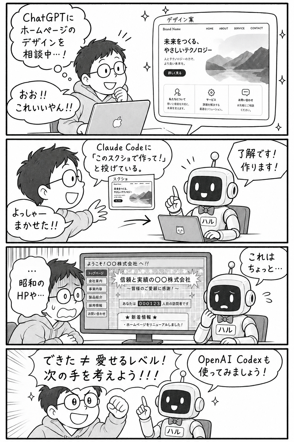 4コマ漫画：Claude Codeでホームページ作りに挑戦した話